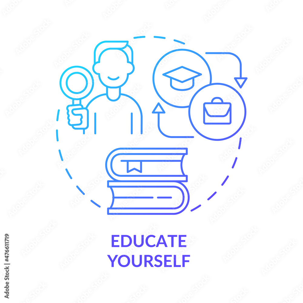 Educate yourself blue gradient concept icon. Learn signs of anxiety disorder. Mental health abstract idea thin line illustration. Isolated outline drawing. Roboto-Medium, Myriad Pro-Bold fonts used