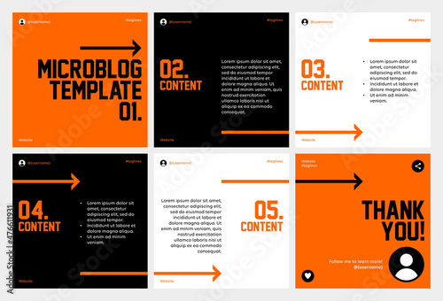 Microblog carousel slides template for social media post. Six page, oranges black white and arrows theme.	