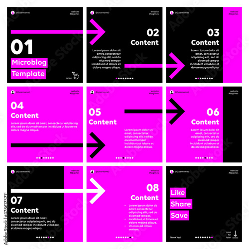 Microblog carousel slides template for social media post. Nine page, Magenta and black arrows theme.	