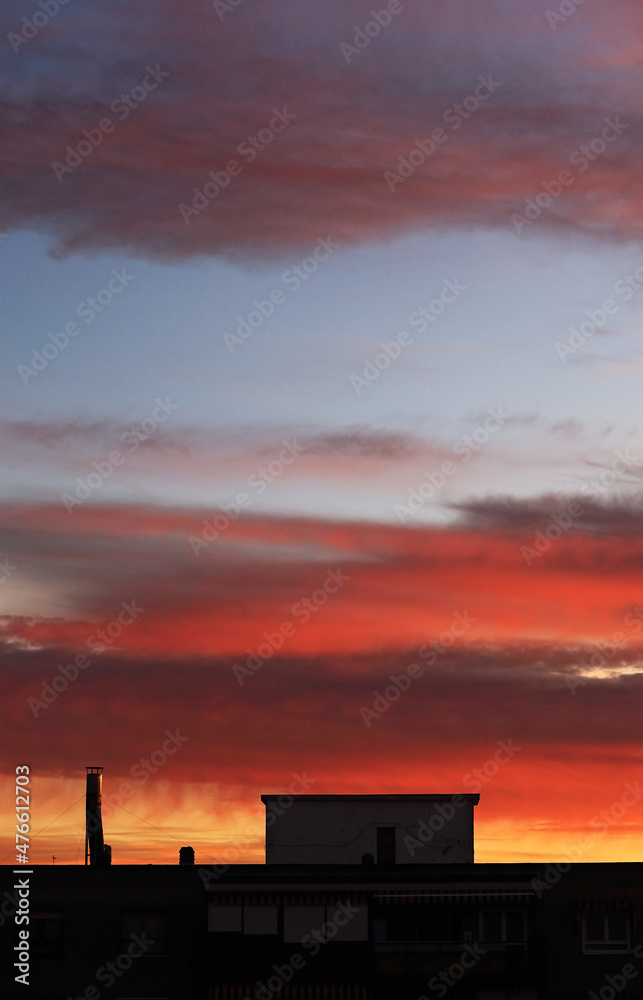 Sunrise of color in the city, silhouette of building