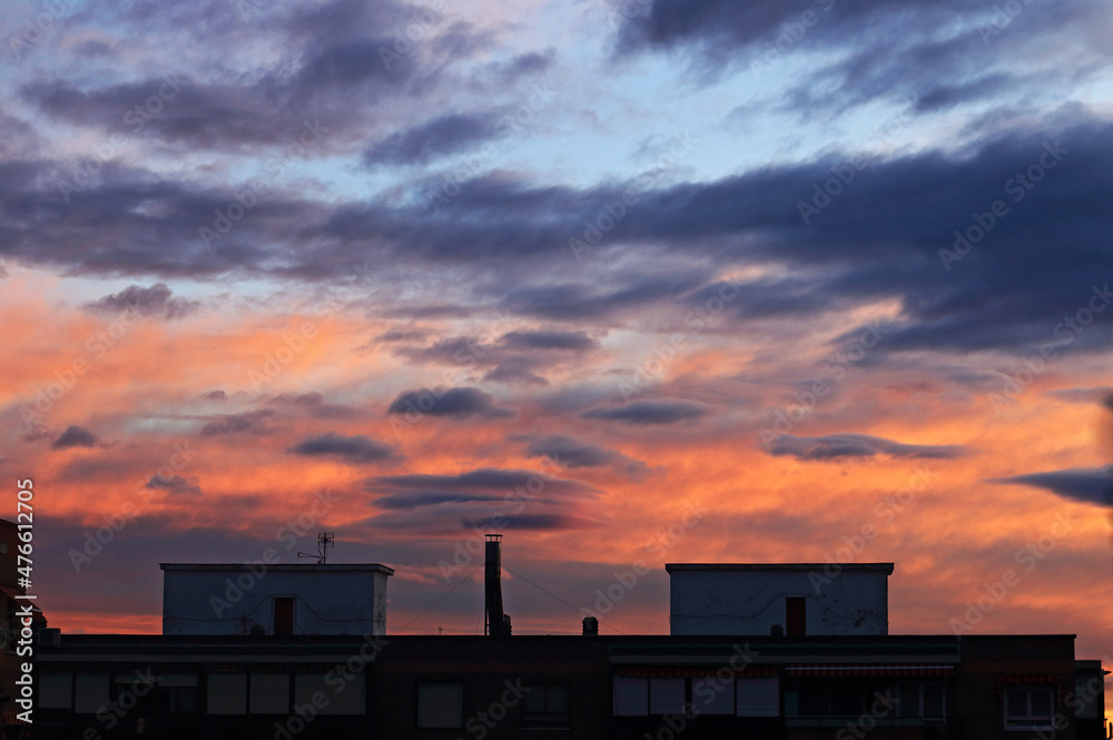 Sunrise of color in the city, silhouette of building Sunrise of color in the city, silhouette of building