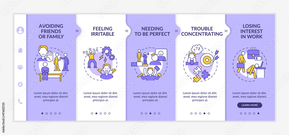 Workplace anxiety purple and white onboarding template. Stress symptoms at work. Responsive mobile website with linear concept icons. Web page walkthrough 5 step screens. Lato-Bold, Regular fonts used