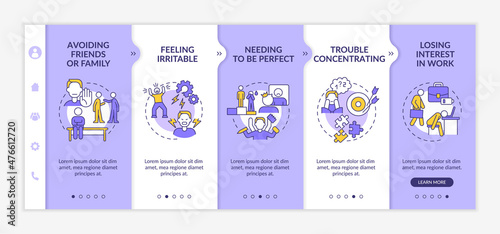 Workplace anxiety purple and white onboarding template. Stress symptoms at work. Responsive mobile website with linear concept icons. Web page walkthrough 5 step screens. Lato-Bold, Regular fonts used