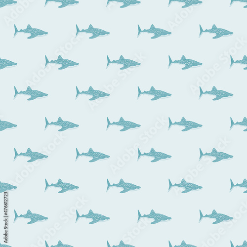Whale shark seamless pattern in scandinavian style. Marine animals background. Vector illustration for children funny textile.