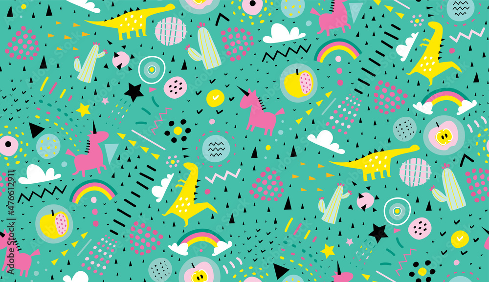 Fototapeta premium Seamless pattern background with dinosaurs unicorns and rainbows, repeat pattern for decoration design. Textile print for boys and girls. Trendy style vector hand drawn design.