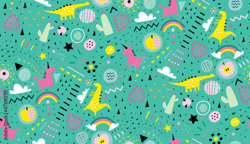 Seamless pattern background with dinosaurs unicorns and rainbows, repeat pattern for decoration design. Textile print for boys and girls. Trendy style vector hand drawn design.