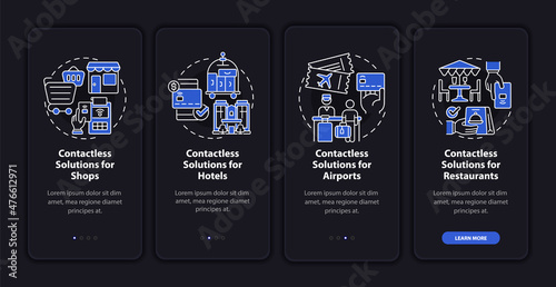 Cashless solution night mode onboarding mobile app screen. Service walkthrough 4 step graphic instructions pages with linear concept. UI, UX, GUI template. Myriad Pro-Bold, Regular fonts used