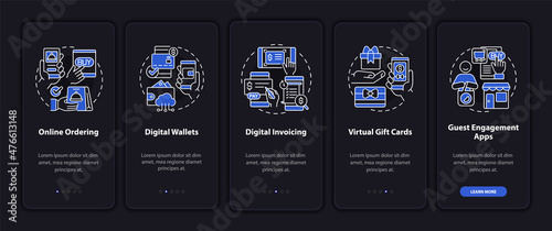 Contactless solution night mode onboarding mobile app screen. Service walkthrough 5 steps graphic instructions pages with linear concepts. UI, UX, GUI template. Myriad Pro-Bold, Regular fonts used