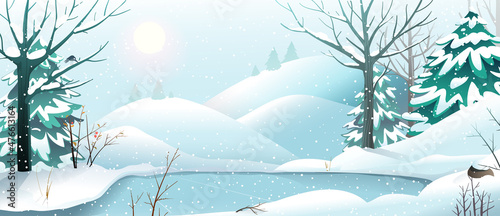 Happy holiday Christmas banner, winter forest calm and quiet landscape. Snow scene for Christmas and seasonal winter greeting cards. Vector landscape design in watercolor style.