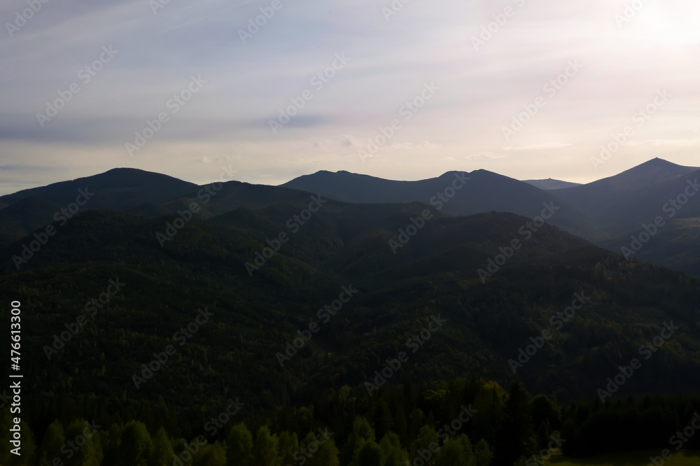 Picturesque view of mountain landscape with forest in morning. Drone photography