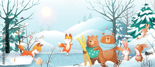 Animals Christmas party, skiing and skating in the forest, winter holidays landscape background. Vintage greeting card for Christmas party, animals design for children, Vector in watercolor style. © Popmarleo