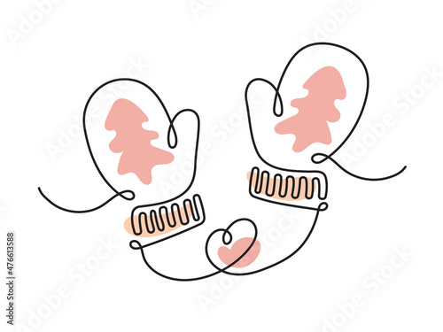 Mittens drawn in continuous line. Vector illustration. 
