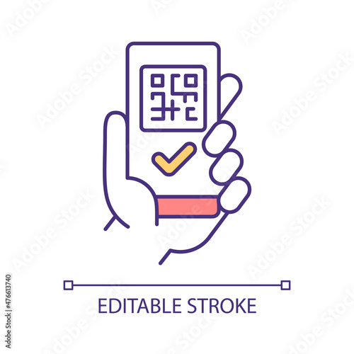 QR code check RGB color icon. Mobile application service. Contactless and touchless solution for device. Isolated vector illustration. Simple filled line drawing. Editable stroke. Arial font used