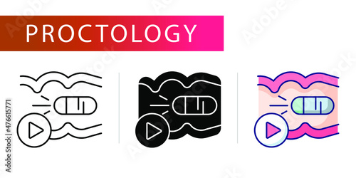 Capsule endoscopy, icons set (line, glyph, color), bowel examination