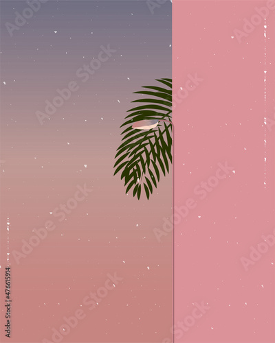 Street lamp on a soft pink background  branches of a palm tree peeking around the corner of the house