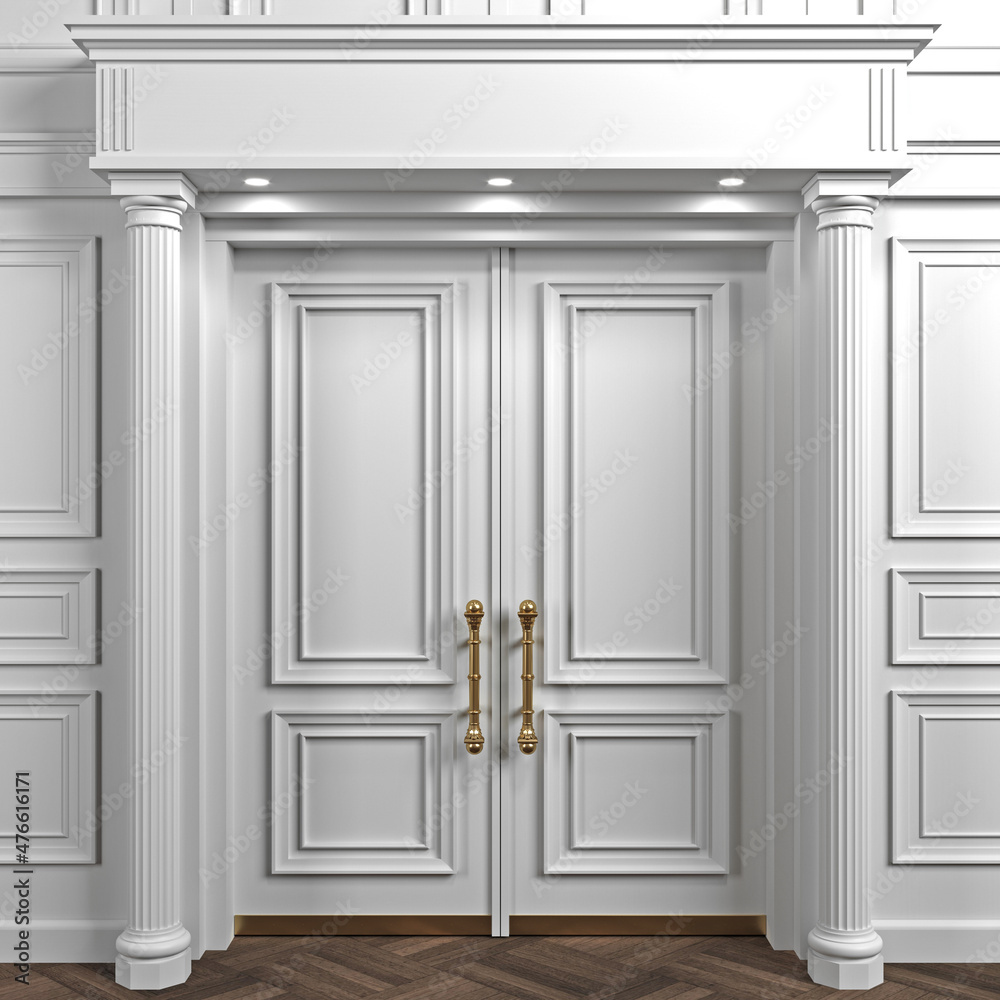 White double classic wooden big door on wall