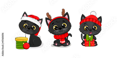 Set of Christmas cat, Merry Christmas illustration of cute black cat with accessories, hat, scarv and gifts. Vector illustration