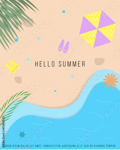 Colorful summer poster, wallpaper, background. Beach by the sea. Beach accessories