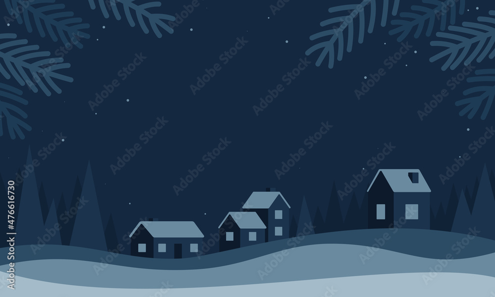 Winter background flat vector illustration, and cozy houses