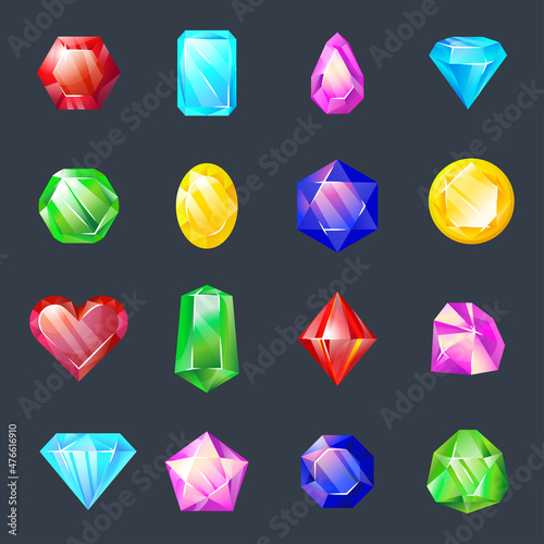 Game Crystals. Shining multi-colored jewelry stones. Set of precious stones. Cartoon crystals