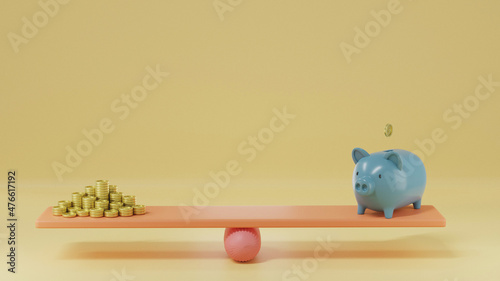 3D minimal piggy bank, coins stack on seesaw or weighing scales balance. Loan, financial, and money-saving concepts. 3D rendering.
