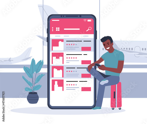 A afro man at the airport is booking a hotel through a smartphone. Vector illustration.