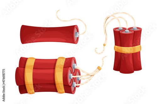 Set dynamite stick, bomb, tnt collection in cartoon style isolated on white background. Weapon vintage game element. Explosion object.