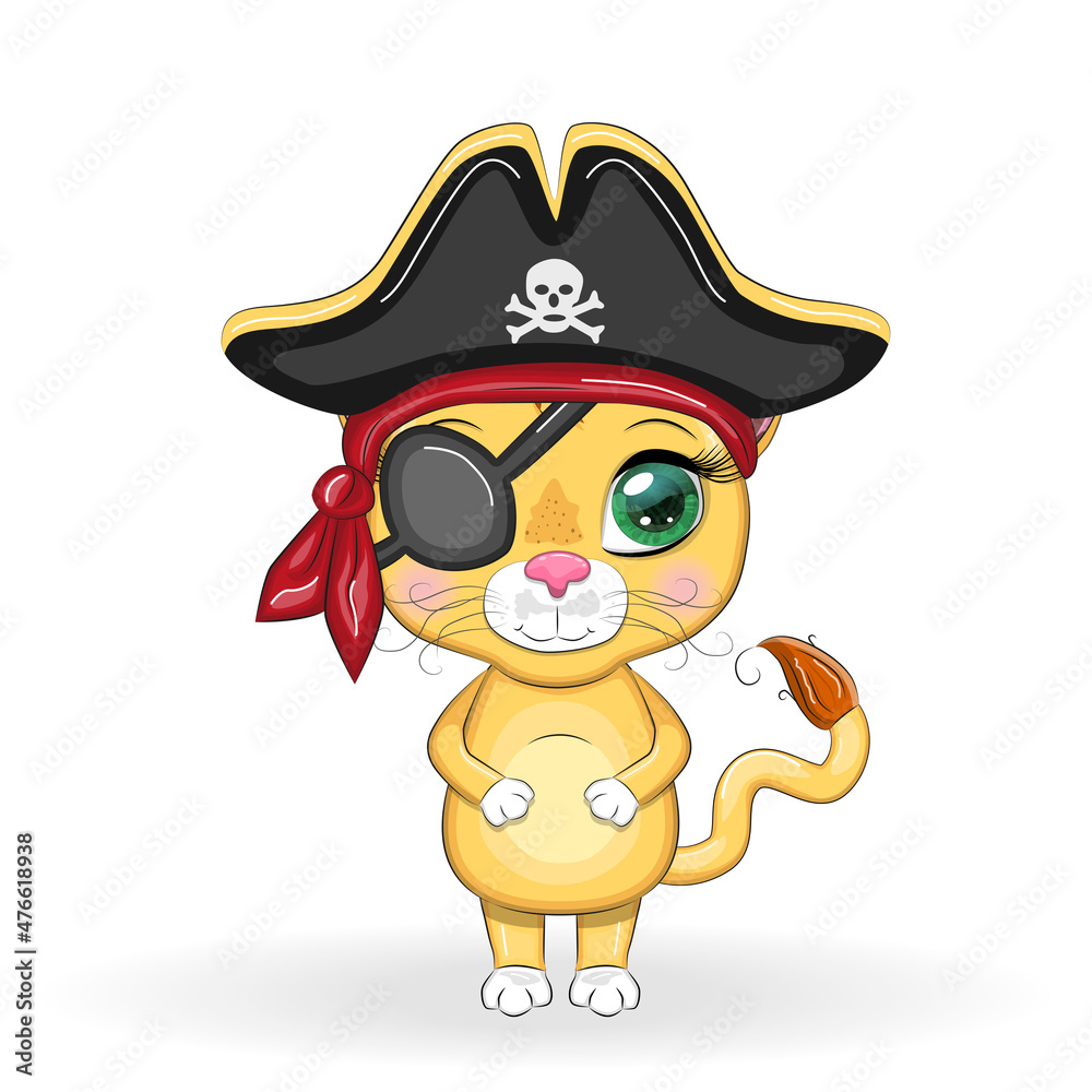 Lion pirate, cartoon character of the game, wild animal cat in a bandana and a cocked hat with a skull, with an eye patch. Character with bright eyes