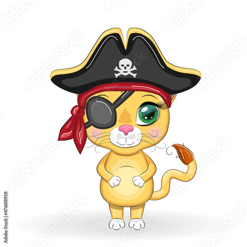 Lion pirate, cartoon character of the game, wild animal cat in a bandana and a cocked hat with a skull, with an eye patch. Character with bright eyes