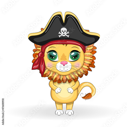 Lion pirate, cartoon character of the game, wild animal cat in a bandana and a cocked hat with a skull, with an eye patch. Character with bright eyes