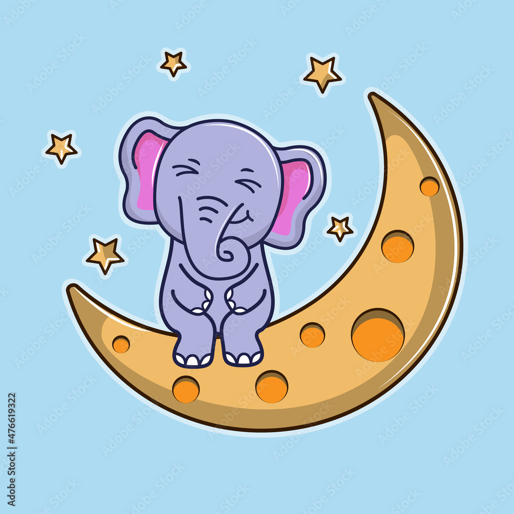 Cute cartoon baby Elephant, sitting on the moon Stock Vector | Adobe Stock