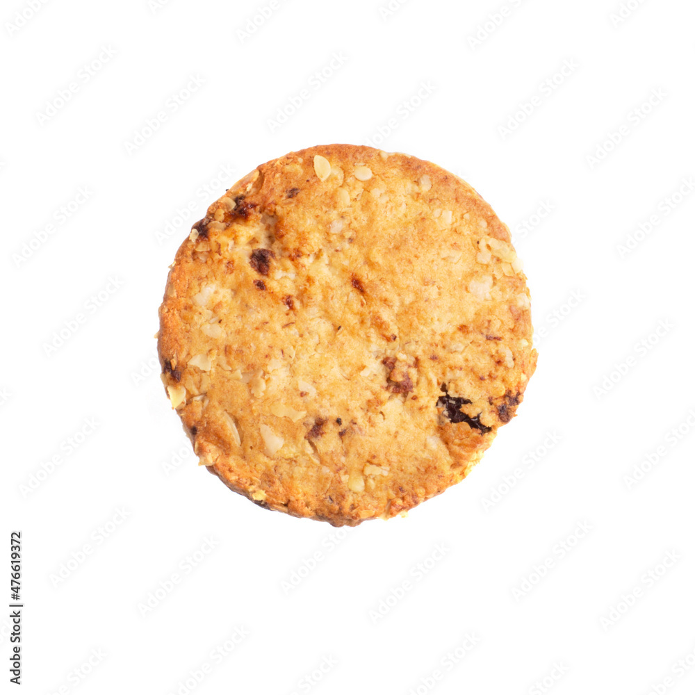 Vanilla chip butter cookie isolated on white background. Close-up view of brown cracker. Macro shot of yellow biscuit cake leftovers for your design Vanilla chip butter cookie isolated on white background. Close-up view of brown cracker. Macro shot of yellow biscuit cake leftovers for your design