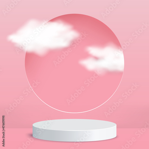 3d pink podium and realistic clouds minimal product display background, pink podium. Product visualization on the platform.