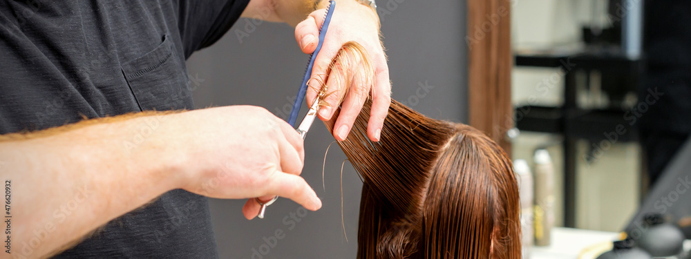 Naklejka premium Woman having a new haircut. Male hairstylist cutting brown hair with scissors in a hair salon