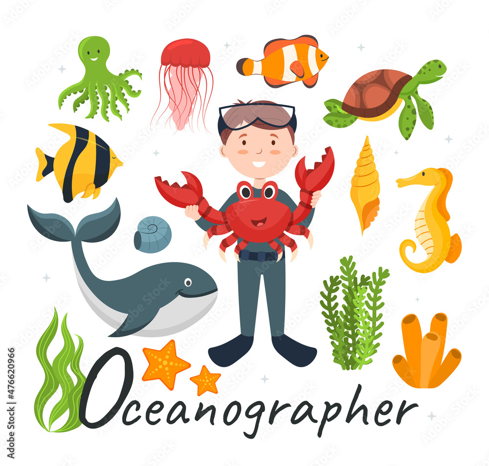Naklejka premium Cute vector alphabet Profession. Letter O - Oceanographer. Vector illustration
