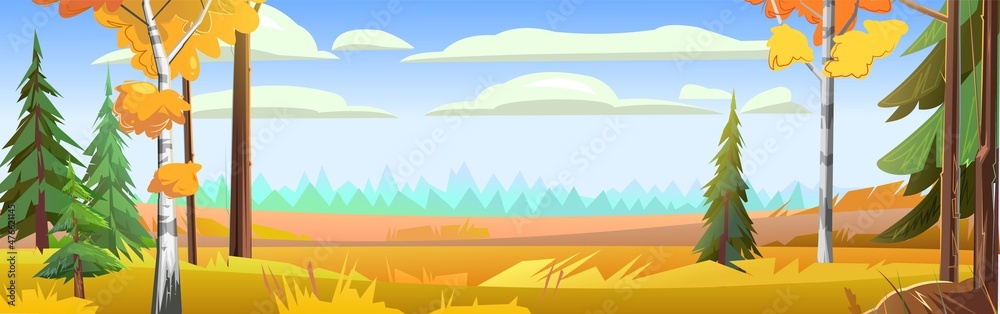 Coniferous forest on the horizon. Autumn landscape. Beautiful bright rural scene with orange and yellow grass and plants. Horizontal Illustration in cartoon style flat design. Vector