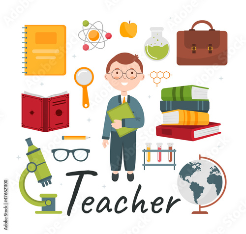 Cute vector alphabet Profession. Letter T - Teacher. Vector illustration