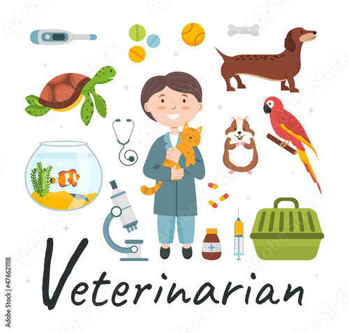Cute vector alphabet Profession. Letter V - Vet. Vector illustration
