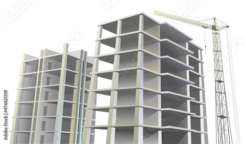 Two Building construction. Reinforced concrete slabs and floors. Residential house or office. Unfinished object. Realistic style. Lifting crane. Isolated on white background. Bottom view. Vector