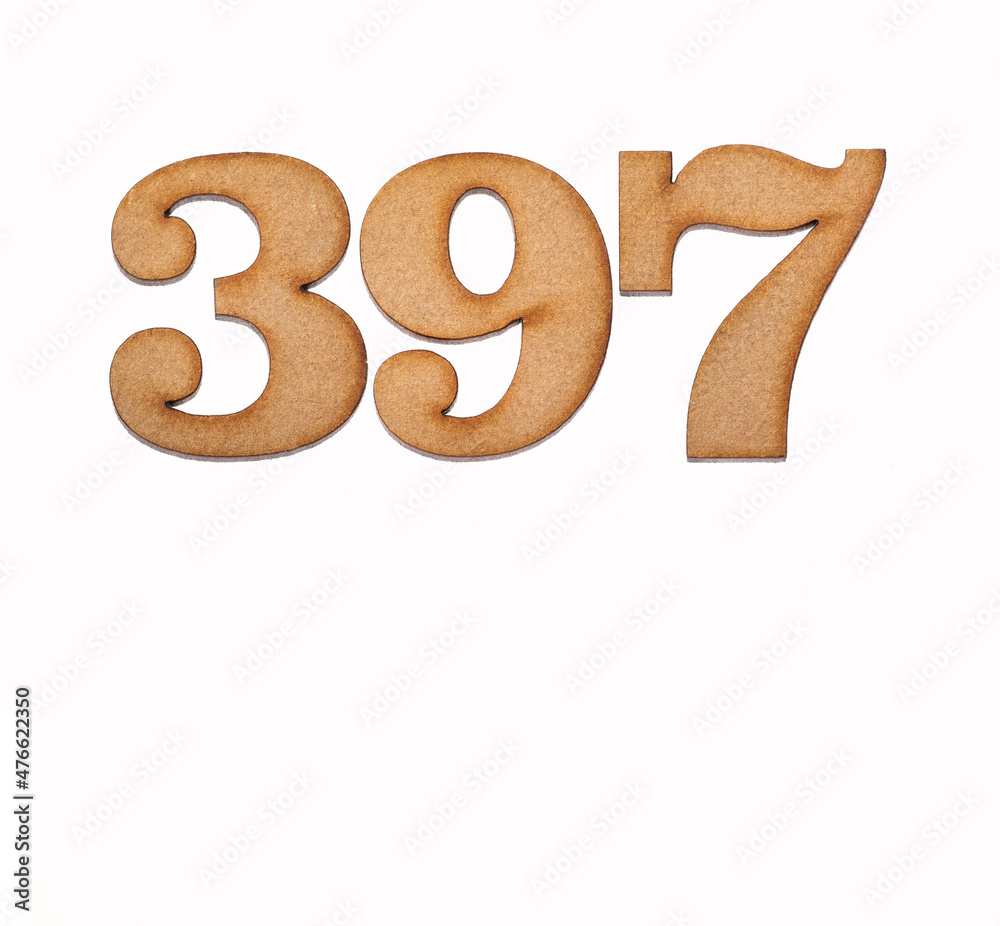 Number 397 in wood, isolated on white background