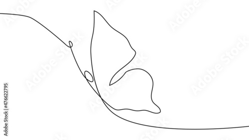 Continuous one line drawing. Flying butterfly logo. Black and white illustration. Concept for logo, card, banner