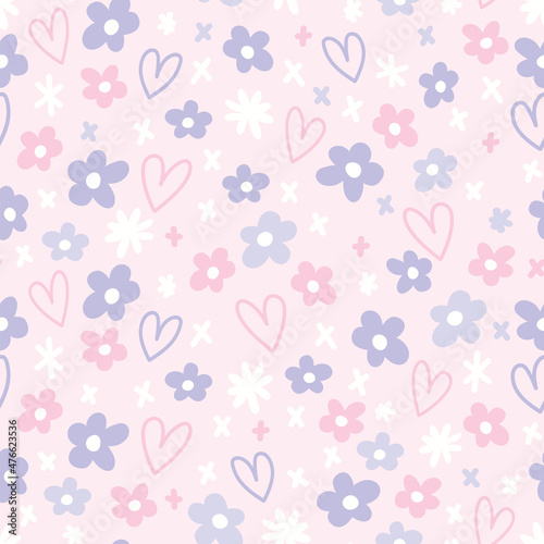 Cute doodle flowers and hearts seamless pattern. Flat vector illustration in pastel tones. Floral print for fabric, gift wrapping paper, stationery, package and any surface