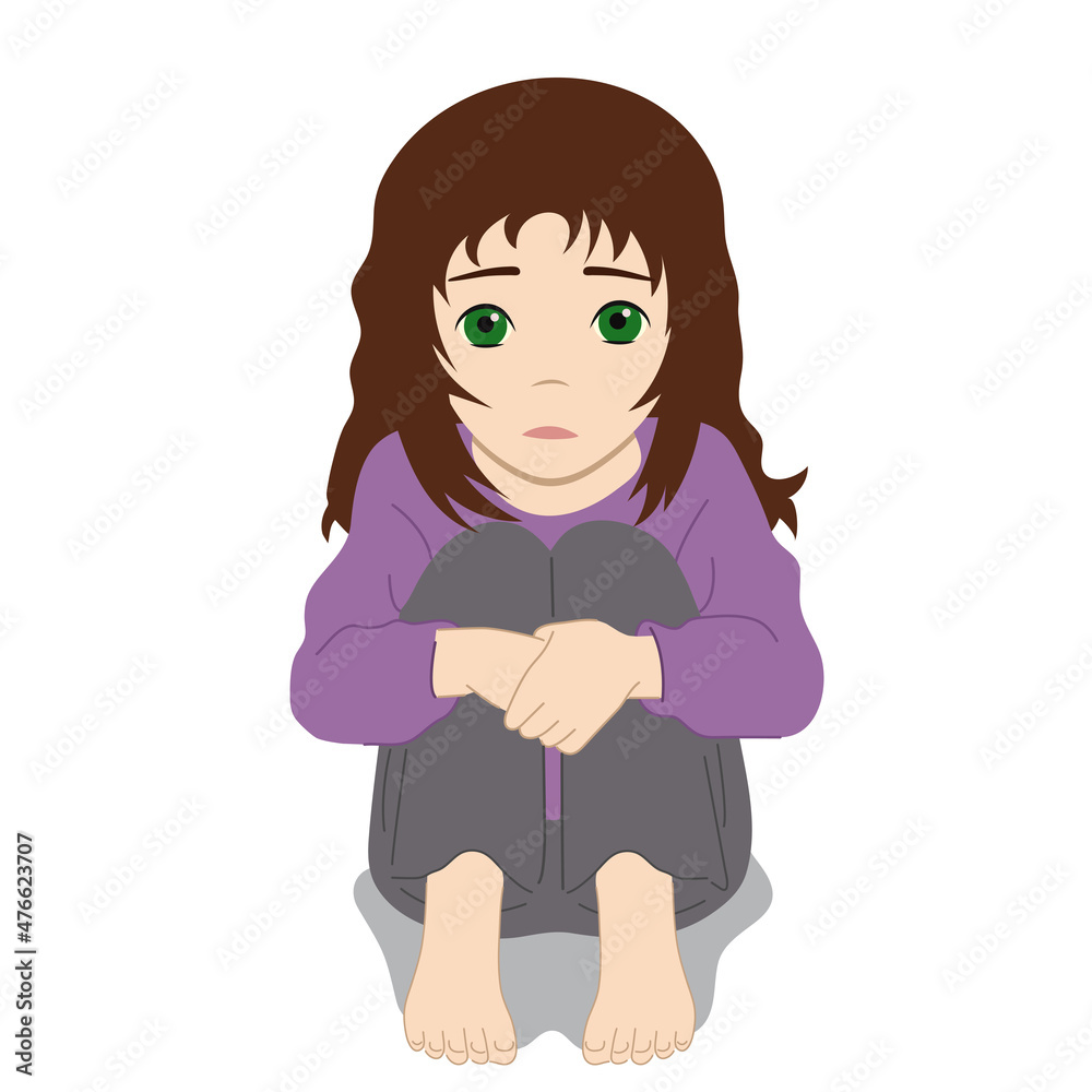 Scared, depressed, sad girl looks lonely.Vector illustration of helpless, frightened child.Worry and fear.