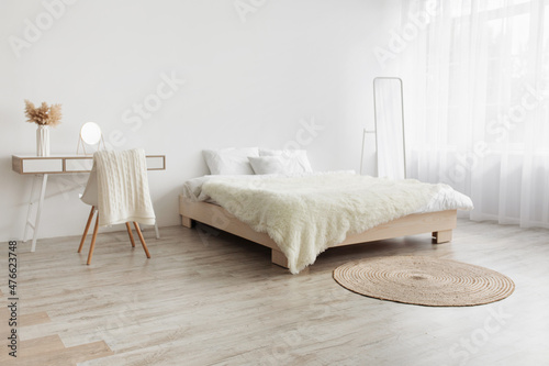Real photo, simple boho eco bedroom interior, design blog, ad photo