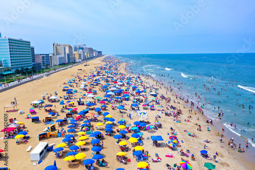 Aerial View of large crowd on the beach during 4th of July in Virginia Beach