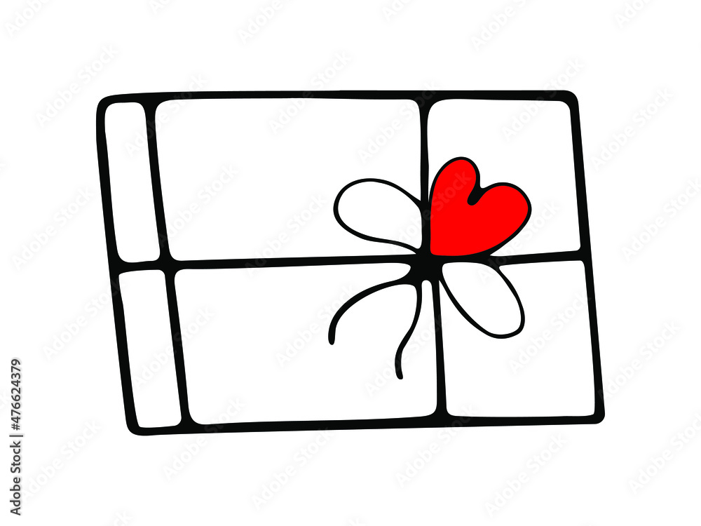 Gift box. Valentine's Day. Toy. love. Outline vector image on a white background. Doodle style. Gift box. Valentine's Day. Toy. love. Outline vector image on a white background. Doodle style.