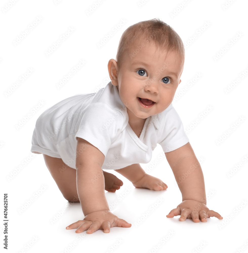 Cute little baby crawling on white background Cute little baby crawling on white background