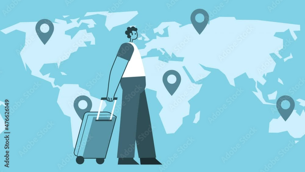 Cartoon Man Walking with Travel Suitcase. World Map with Location Pin ...