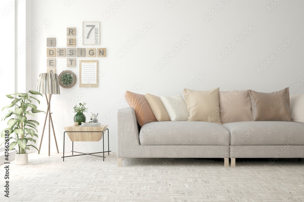 Fototapeta premium White living room with sofa. Scandinavian interior design. 3D illustration