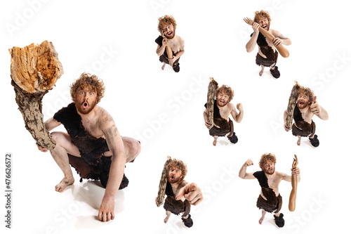 Collage of portraits man in character of neanderthal posing isolated over white background